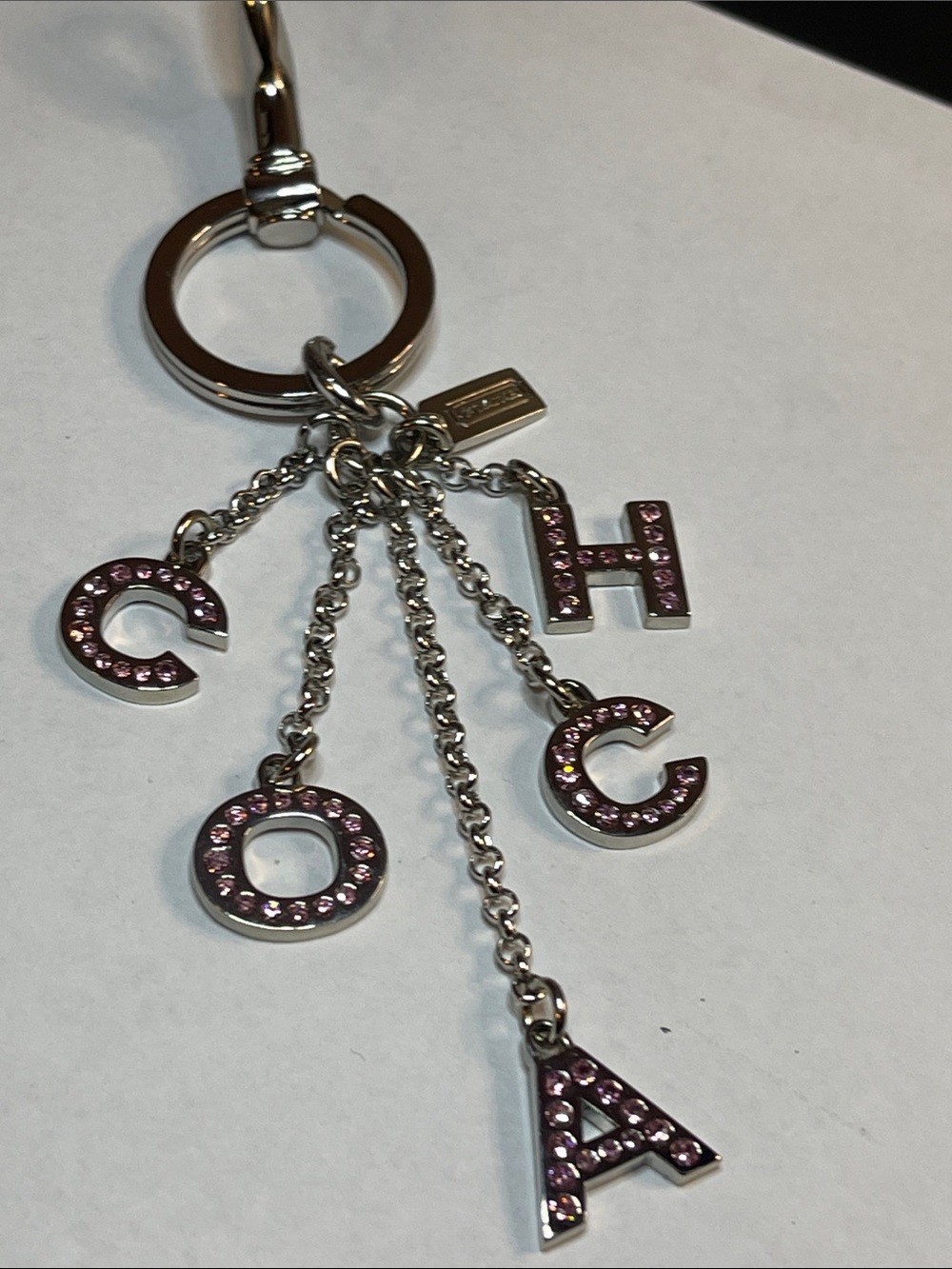 Coach Silver-Tone Initial Keychain/Bag Charm with Pink Crystals
